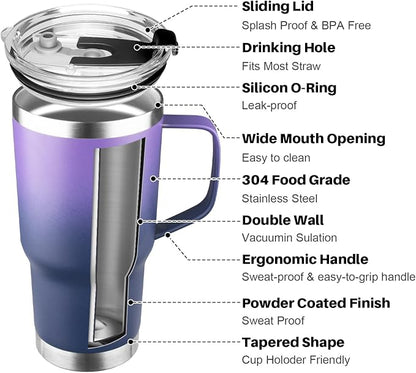 20 oz Tumbler with Handle, Stainless Steel Insulated Tumbler with Lid and Straw, Double Wall Vacuum Coffee Mug Tumbler, Insulated Coffee Thermal Cup for Cold and Hot (Purple Navy blue, 20, ounces)