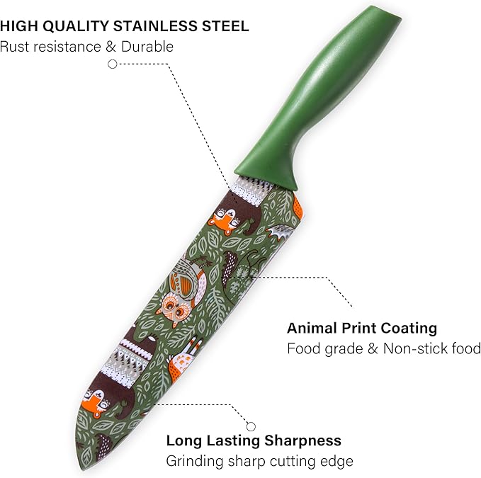 TJ POP Colorful Knife Set, 3 Pcs Kitchen Knife Set, Color-Coded Coated Stainless Steel Kitchen Knives, Professional Kitchen Cutlery Set, Green