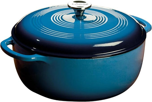 Lodge Essential Enamel Cast Iron Dutch Oven with Lid 7.5 Quart - Oven-Safe Enamel Cookware up to 500° F - Heat-Retaining Braising & Roasting Pot - Non-Toxic Cookware - Carribean Blue