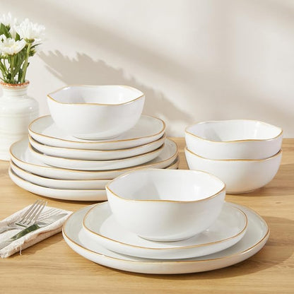 Pokini Dinnerware Set for 4, Ceramic Dish Set, Plate and Bowl Set, Microwave & Dishwasher Safe Dishware Set, Chip & Scratch Resistant Dinner Sets, Irregular Edge Design, White