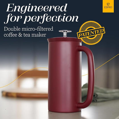 ESPRO Pro P7 French Press Coffee Maker - Double-Walled Stainless Steel Insulated with Micro-Filter - Cranberry, 32oz