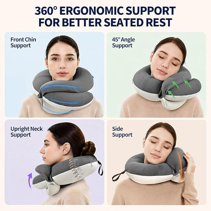 BUYUE Travel Neck Pillows for Airplanes, Memory Foam 360° Head Support Sleep for Long Flight, Skin-Friendly & Breathable, Kit with Eye Mask, Earplugs and Storage Bag (Adult, Grey, 90+ lbs)