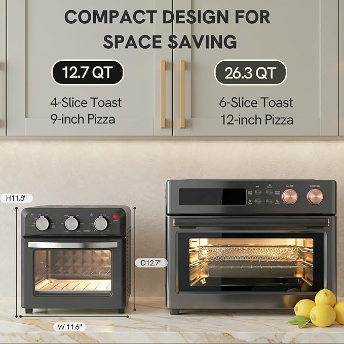 VAL CUCINA 6-in-1 Retro Air Fryer Toaster Oven Combo, Compact 12.7 QT Small Countertop Convection Oven, Fits 9" Pizza & 4 Toast, Hexagon Hybrid Heating, Enamel Baking Pan Included, Dark Grey Color