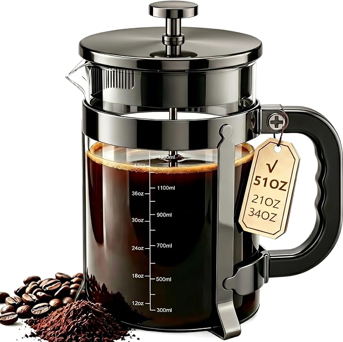 QUQIYSO French Press Coffee Maker, Large Coffee Press with Thick Borosilicate Glass, 304 Stainless Steel Filter, Finish Tea & Cold Brew Coffee Maker for Home, Office, Party, 51oz, Dark Pewter