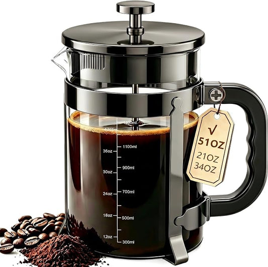 QUQIYSO French Press Coffee Maker, Large Coffee Press with Thick Borosilicate Glass, 304 Stainless Steel Filter, Finish Tea & Cold Brew Coffee Maker for Home, Office, Party, 51oz, Dark Pewter