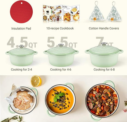 Overmont Enameled Cast Iron Dutch Oven - 4.5QT Pot with Lid Cookbook & Cotton Potholders - Heavy-Duty Cookware for Braising, Stews, Roasting, Bread Baking Verdant