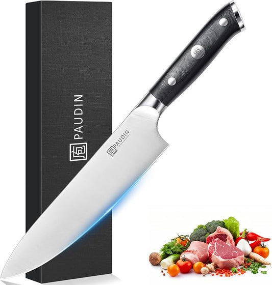 PAUDIN Chef Knife,8 Inch Professional Kitchen Knife Dishwasher Safe,Forged German Stainless Steel Sharp Cooking Knife,Ergonomic G10 Handle Full Tang Meal Prep Knives,Home Restaurant Gift for Men Women