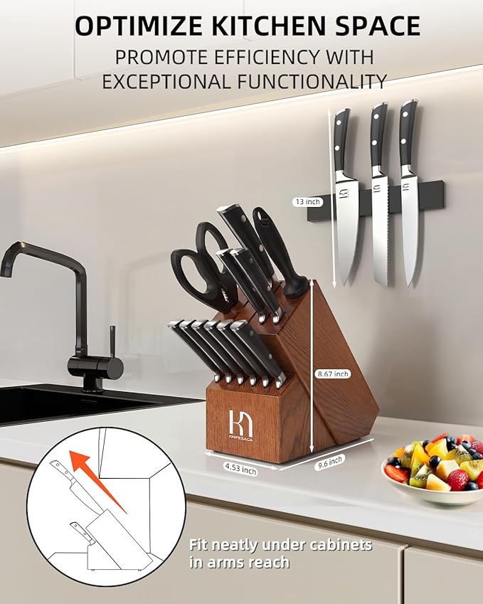 KnifeSaga Knife Set, 15 Pcs Kitchen Knife Block Set, Enduring Razor-Sharp High Carbon Stainless Steel Chef Knife Set with Block and Sharpener, Premium Knives Set for Kitchen, Ash Wood Valentine's Gift