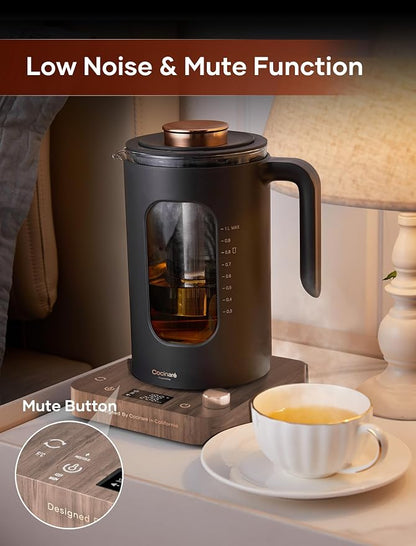 Electric Tea Kettle, INTASTING Glass Electric Kettle with tea Infuser and Precise knob temperature control, 1200W Fast Heating, BPA-Free, Easy to Clean, 1 Liter (Wood)