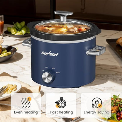 Sunvivi 2 Quart Slow Cooker, Small Slow Cooker with Removable Ceramic Pot, Food Warmer with 3 Heating Settings & Dishwasher Safe Glass Lid, Blue