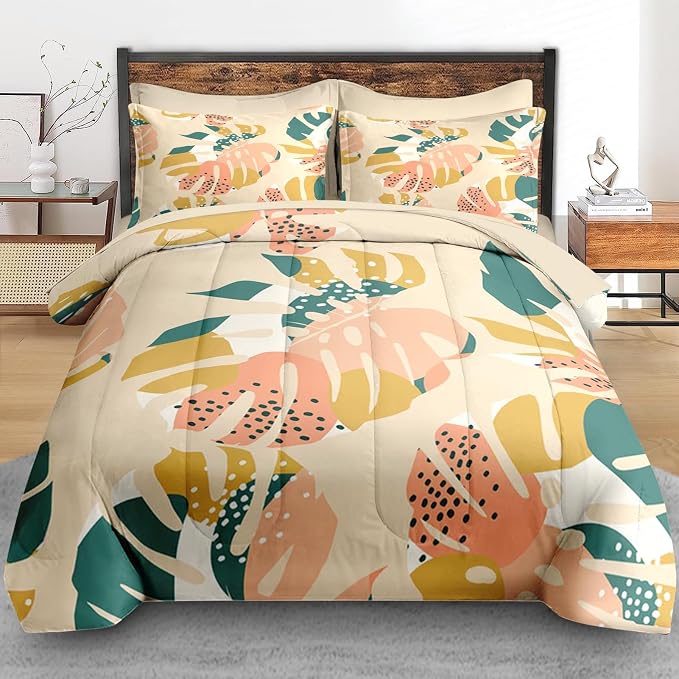 Pamnest Comforter Set Full Size, Monstera Palm Leaf Botanical 7 Pcs Bedding for Kids and Adults, Spring Summer Green Bed Sheet Sets with Fitted Sheet 2 Pillowcase & 2 Sham for Bedroom Bed Decor