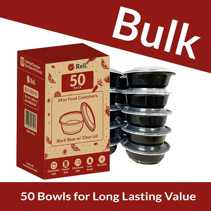 Reli. Meal Prep Container Bowls, 24 oz. | 50 Pack | Round Meal Prep Containers with Lids | Reusable 24 oz Bowls with Lids | Microwavable, Black Food Storage Boxes | Black