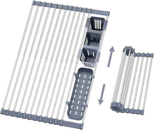 Gabrielline Expandable Roll Up Dish Drying Rack for Kitchen Sink, 21.6” x 12.7” Stainless Steel Over Sink Drying Mat with Utensil Holder & Drip Tray, Space Saving Heavy Duty Kitchen Rack Set
