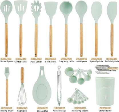 QMVESS Silicone Kitchen Utensils Set, 35 Pcs Non-Stick Cooking Utensils Set, Sturdy Insulation Wooden Handle Kitchen Accessories for Cooking with Spatula Set and Spoons Set Gadgets (Light Green)