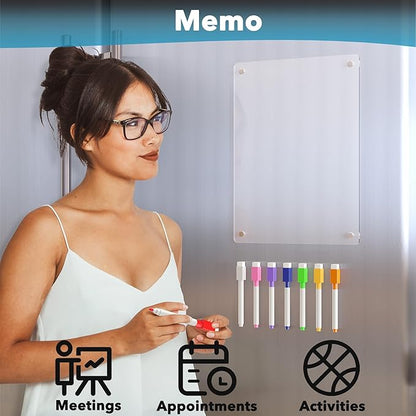 Neatsure Acrylic Magnetic Dry Erase Board for Fridge, Clear Whiteboard for Refrigerator, Notepad Memo to Do/Grocery List White Board, w/ 8 Colors Markers, 12"x9"