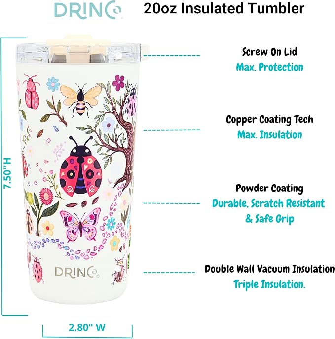 Drinco - 20 oz Stainless Steel Tumbler | Double Walled Vacuum Insulated Mug With Lid, 2 Straws, For Hot & Cold Drinks (20oz Bugs World)