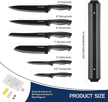 Gourmetop Kitchen Knife Set with No Drilling Magnetic Strip for Kitchen Black Titanium Small Cooking Knives, Sharp Stainless Steel Chef Knife Set for Cutting Meat & Vegetable