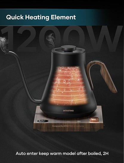 INTASTING Electric Kettle, Gooseneck Electric Kettle, ±1℉ Precise Temperature Control, Stainless Steel Interior, Quick Heating for Pour Over Coffee, Tea & Boiling Water, 0.9L (Onyx Black)