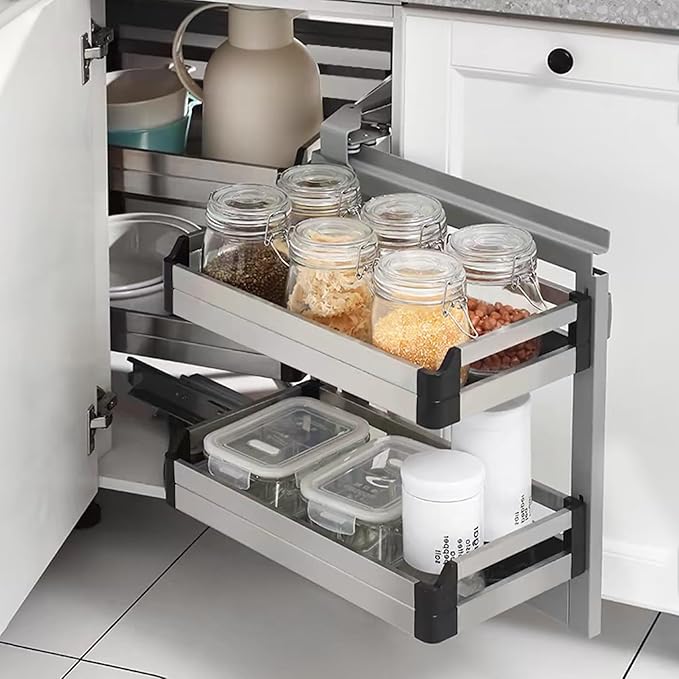 Gdrasuya10 2 Tier Blind Corner Cabinet Pull Out Organizer, 4 Shelf Corner Pull Out Cabinet Steel Slide Out Kitchen Cornér Cabinet Organizer Shelf for 15" Right Opening Door