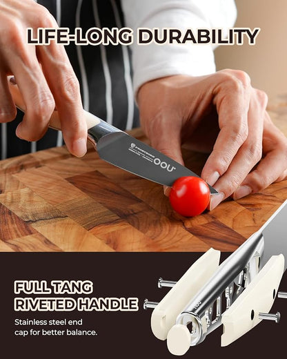 OOU 3.5'' Paring Knife, German 1.4116 Stainless Steel Kitchen Knife, Gunmetal Blade with AgShield & TinSharp Finish, Balanced ABS Handle, Sharp Utility Knife for Peeling, Trimming, Fruits