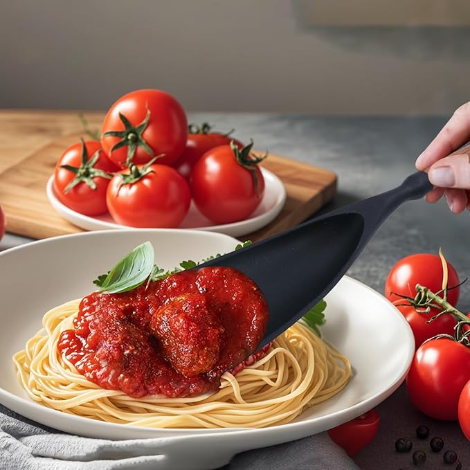 Cooking Spoon for Nonstick Cookwares, Multifunction Spatula Spoon, Great for Both Cooking and Serving, Durable BPA-Free Matte Black Silicone, Wood Handle Spoon, Safe for Nonstick Cooking Surfaces