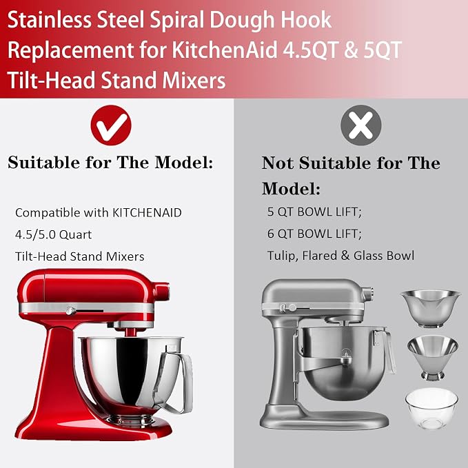 Stainless Steel Spiral Dough Hook for KitchenAid 4.5-5 Quart Tilt-Head Stand Mixer, Dishwasher Safe & Rust-Proof Bread Hook for K45, K45SS, KSM75, KSM90, KSM150 | Long-lasting No chipping or peeling — safer for food contact Easy to clean