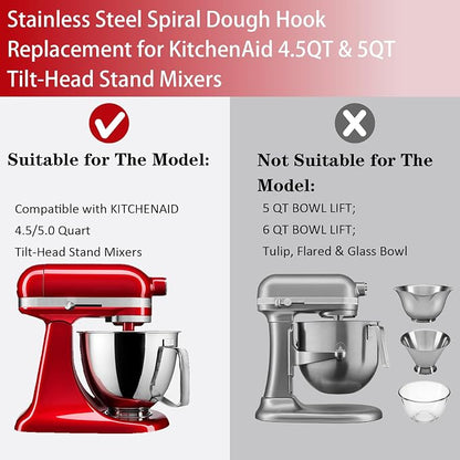 Stainless Steel Spiral Dough Hook for KitchenAid 4.5-5 Quart Tilt-Head Stand Mixer, Dishwasher Safe & Rust-Proof Bread Hook for K45, K45SS, KSM75, KSM90, KSM150 | Long-lasting No chipping or peeling — safer for food contact Easy to clean