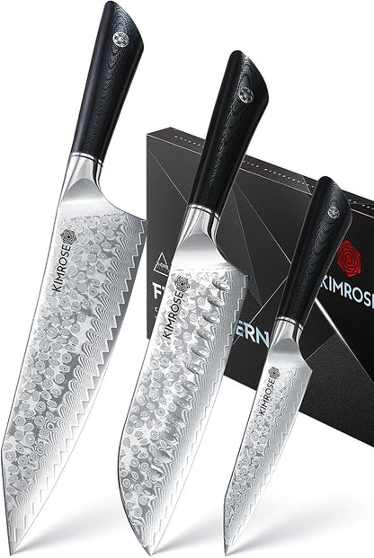 KIMROSE Damascus Knife Set - 3PCS - High-Carbon 10Cr15CoMoV Alloy Steel - Professional Chef Knife - G10 Handle - Razor Sharp Kitchen Knives - Magnetic Sheath - Gift Box