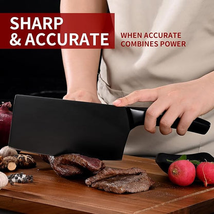SHI BA ZI ZUO 2 Pieces Meat Cleaver and Fruit Knife, Kitchen knives Set,Black Ti Coating Cleaver knives Slicing Knife Paring knives with Hollow Handle