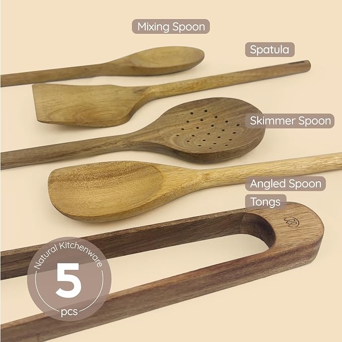 Mitus Non-Toxic Wooden Cooking Utensils - 5 Pcs Natural Acacia Hardwood Set for Nonstick Pans & Cookware - Kitchen Gift Set (Wooden Spoons, Skimmer, Tongs, Spatula)