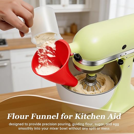 Red Flour Funnel for Kitchenaid Mixer, Anti-Splash Accessory, Compatible with 5 Qt Tilt-Head Models (KSM150) and Bowl Lift, Easy Pour AMD Clean Kitchen Aid Funnel Attachment
