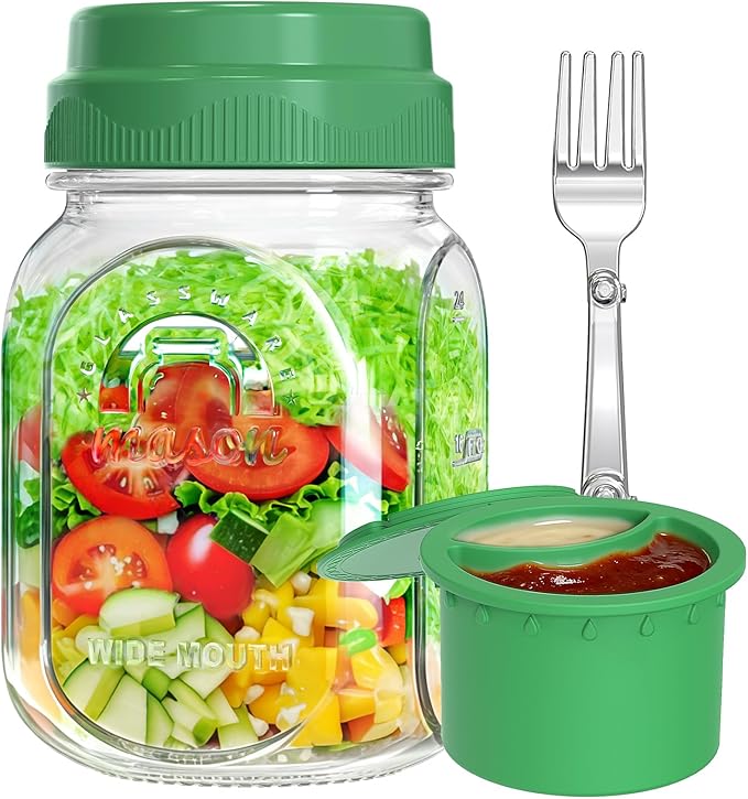 [UPGRADE] 1 Pack Glass Salad Pod with Silicone Divider Container for Lunch Meal Prep, Leakproof Salad Jar with Lid & Fork, Separation Divider for Dressing Sauces & Dry Ingredients, 32 oz Mason Jar