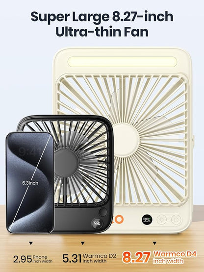 Warmco 20000mAh Battery Powered Fan, 8-Inch Ultra-Slim Portable Camping Fan with LED Lantern, Up to 48H Runtime Rechargeable Desk Fan for Bedroom, Outdoor, Tent, Travel, Cruise Ship Essentials