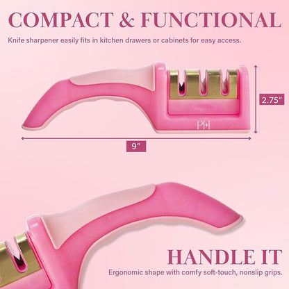 Paris Hilton 3-Stage Knife Sharpener, Professional Kitchen Knife Sharpener with Ergonomic Handle, Non-Slip Base, and Coarse, Medium, Fine Sharpening Stages, Pink
