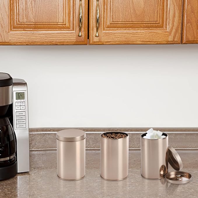 Yesland 6 Pack Tea Tin Canister with Airtight Double Lids, 12 Fluid Oz Tin Can Box and Small Round Kitchen Canisters for Loose Tea, Coffee, Candy, Herbs and Spices(Rose Gold)