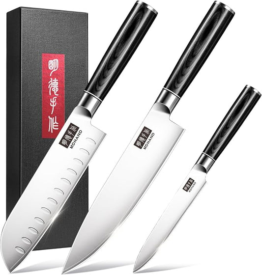 MDHAND Kitchen Knife Set, 3 Pieces Ultra Sharp Japanese Knife Set, High Carbon Stainless Steel Professional Chef Knives Set with Black Pakkawood Handle for Home Cooking, Dishwasher Safe