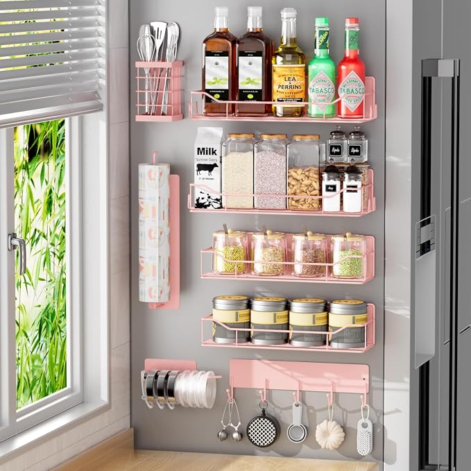 Magnetic Spice Rack for Refrigerator,8 Pack Magnetic Fridge Shelf, Moveable Spice Organizer with Hook Rack, Paper Towel Holder, Utensil Holder,cup lid holder, Super Magnetic Rack Set (Pink)