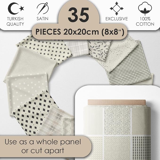 Cotton Satin Patchwork Fabric Panel – 35 Designs, 20×20 cm Squares, Single Piece 150×110 cm, Neutral Grey Quilt Fabric (Elegant Beige Patchwork Set, 35pcs 8x8 inch)