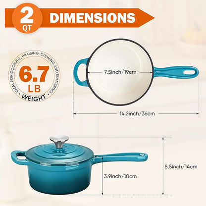 Homikit Cast Iron Sauce Pan, 2 Quart Enameled Cast Iron Saucepan with Lid for All Cooktops, Small Pot Dutch Oven for Kitchen Cooking, Boiling, Nonstick & Heavy Duty, Teal Ombre