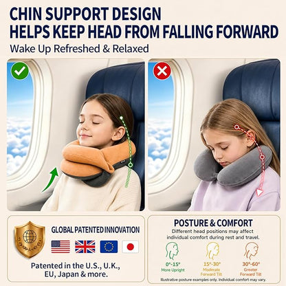 BUYUE Kids Travel Pillows for Airplane, Memory Foam 360° Head Support Sleeping Essentials for Long Flight, Skin-Friendly Soft Neck Pillow for Traveling in Car Seat, (Small, Orange Grey, 40-90 lbs)