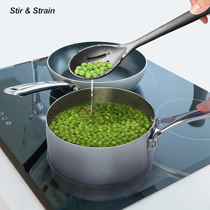 Silicone Spoons for Cooking - Kitchen Spoons for Mixing, Serving, & Stirring - 600°F Heat-Resistant Non Stick Utensils Ladle & Skimmer- Dishwasher Safe, Black,10.4IN