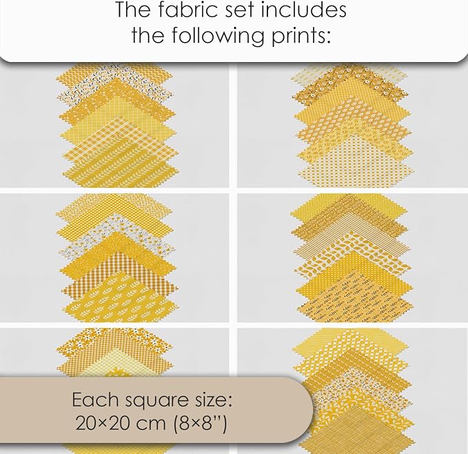 Cotton Satin Patchwork Fabric Panel – 35 Designs, 20×20 cm Squares, Single Piece 150×110 cm, Yellow Patchwork Quilt Fabric (Sunny Bloom Patchwork Set, 35pcs 8x8 inch)