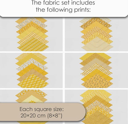 Cotton Satin Patchwork Fabric Panel – 35 Designs, 20×20 cm Squares, Single Piece 150×110 cm, Yellow Patchwork Quilt Fabric (Sunny Bloom Patchwork Set, 35pcs 8x8 inch)
