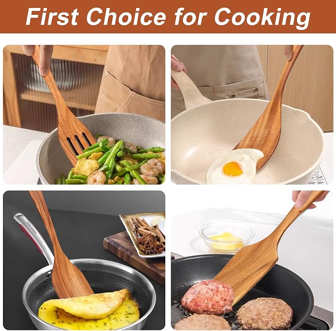 9 Pcs Wooden Spoons for Cooking Utensils with Utensil Holder Teak Wood Kitchen Utensils Set Flat Wooden Spatula Cooking Mixing Spoons Spaghetti Spoon Slotted Turner Scraper Spatula Large Utensils