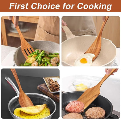 9 Pcs Wooden Spoons for Cooking Utensils with Utensil Holder Teak Wood Kitchen Utensils Set Flat Wooden Spatula Cooking Mixing Spoons Spaghetti Spoon Slotted Turner Scraper Spatula Large Utensils