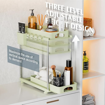 VERIFOST Under Sink Organizer, 2 Pack Under Kitchen Bathroom Cabinet Organizer, 2 Tier Under Bathroom Kitchen Sink Organizer, Adjustable Height Bathroom Kitchen Cabinet Organizers and Storage, Green