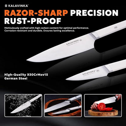 8 Inch Razor Sharp Chef Knife, High Carbon German Steel Blade with Comfortable Grip, Ideal for Meal Prep with Gift Box and 3.5 Inch Paring Knife, BBQ Knife (RUPA)