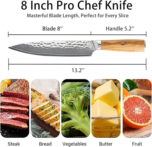 Chef Knife, 8 Inch Japanese Chefs Knife Professional Razor Sharp, VG-10 Damascus Stainless Steel Kitchen Knife with White Olive Wood Handle, Gift Box for Family & Restaurant