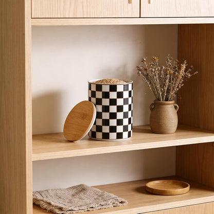 Kitchen Countertop Ceramic Checkered Canisters,Black And White Food Storage Containers With Lid,Airtight Kitchen Canisters for Flour, Sugar, Coffee, Tea, and Dry Goods (Black, XL)