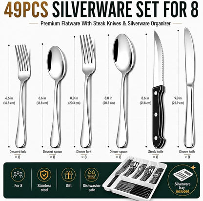 49-Piece Silverware Set with Organizer, Stainless Steel Flatware Utensils Set for 8, Forks and Spoons Silverware Set Cutlery Set with Steak Knives, Dishwasher Safe